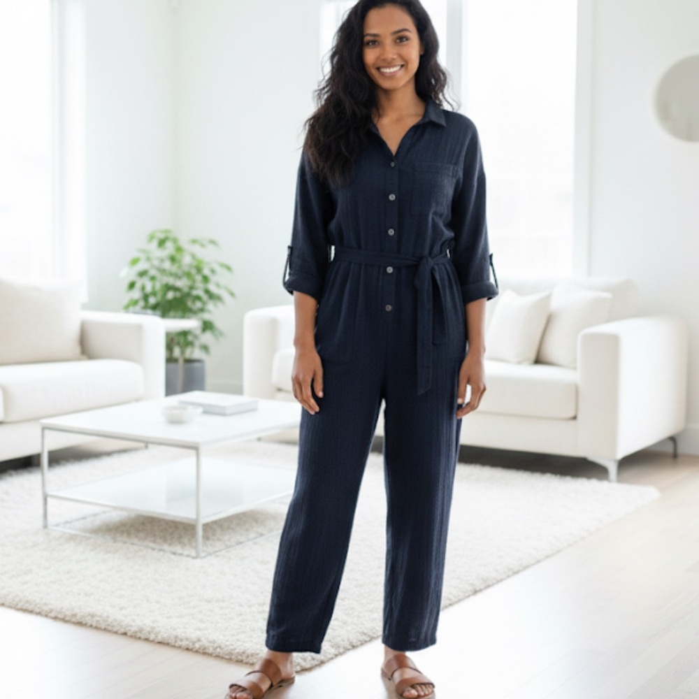 Pinch 100% cotton gauze long sleeve half button lightweight jumpsuit large